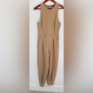 Express Beige Sleeveless Jumpsuit Pleated Waist Wide Leg Career Size S Petite